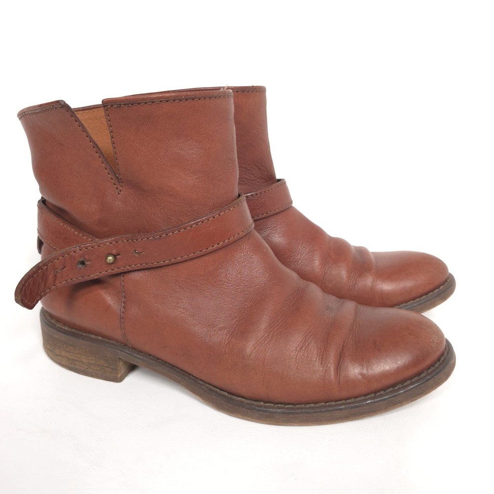 MADEWELL Women's Leather Ankle Boots 7.5 Brown Buckle Strap Low Heel Casual
